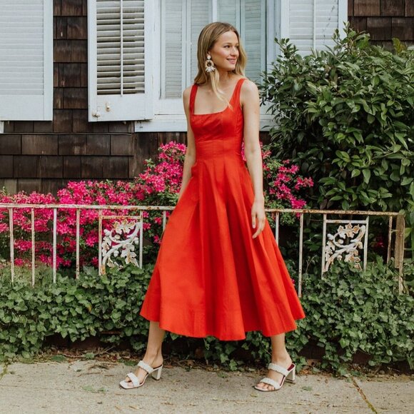 Staud Wells Corset Paneled Cotton Dress in Cherry Red - Picture 8 of 8
